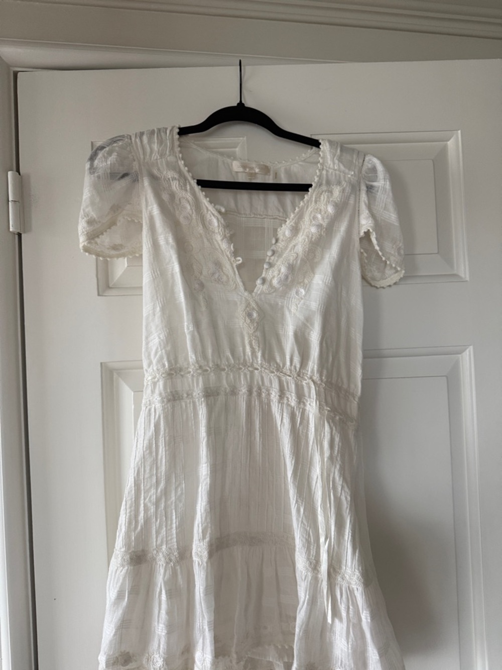 LoveShackFancy White Embroidered V-Neck Mini Dress